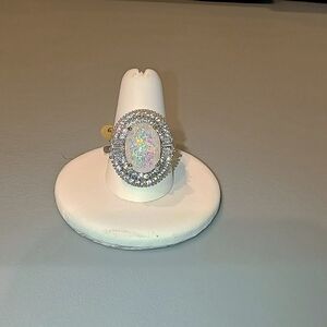 Oval Opal Cocktail Ring With Imitation Rhodium & CZ Halo size 7